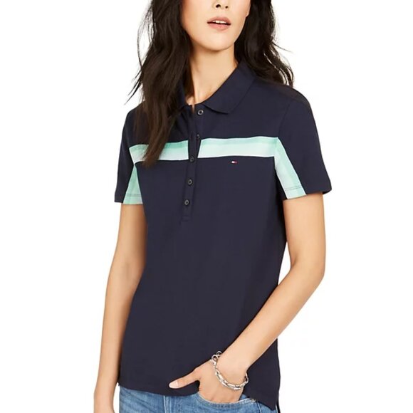 Tommy Hilfiger Tops - ✨Tommy Hilfiger Women’s Polo S/P Navy & Green Stripes – Classic Preppy Style✨